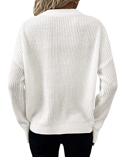 Sovelen Women's Henley Button V Neck Sweaters Long Sleeve Loose Fit Fall Casual Pullover Sweater Tops White #TOP1