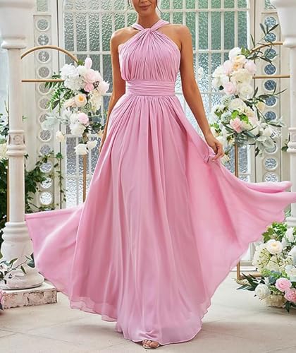 Rjer Chiffon Halter Bridesmaid Dresses Women's A Line Pleated Long Evening Formal Gowns4