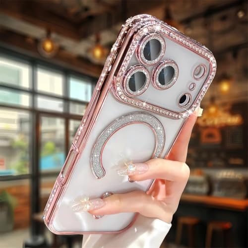 Image of for iPhone 17 Pro Max Magnetic Glitter Case,Luxury Bling Rhinestone Diamond Plated Bumper Case Sparkle Camera Lens Protection Clear Cover for iPhone 17 Pro Max (Pink)