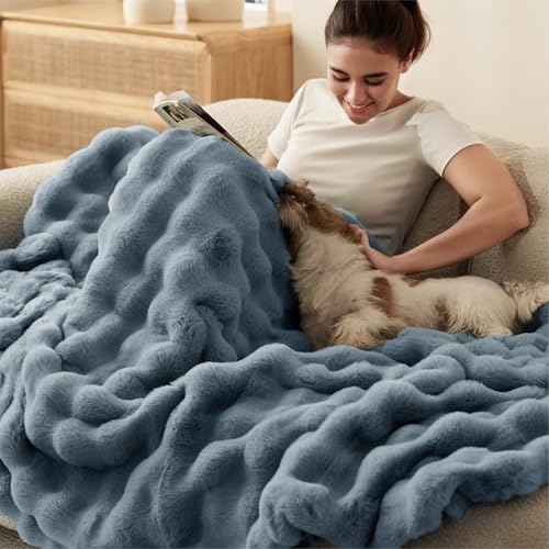 Bedsure GentleSoft Fluffy Faux Fur Blanket Twin Size, Fuzzy Soft Bubble Blanket for Couch, Home Decor Gifts for Bedroom Living Room, Thick Furry Cozy Gifts for Women, Greyish Blue, 60x80 Inch