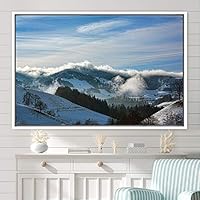 Framed Canvas Wall Art Foggy Mountains Aerial Cool Multicolor Nature Photography Realism Relax/Calm Rustic Wilderness - 16x24 inches