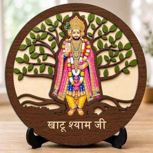 Image of Khatu Shyam Ji Table Top Wooden Idol /Murti for Mandir Decoration, Office Desk & Festive Gift - 5x5 Inch