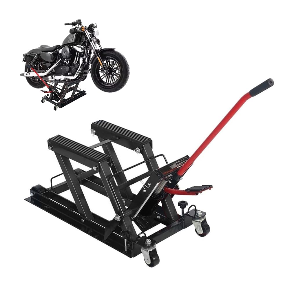 QXRSOP Motorcycle Jack Steel Hydraulic Motorcycle ATV Lift 1500 lbs Capacity Mounting Trestle Folding Lift Garage Tools Set Motorcycles Lifting Tool for Home, Business