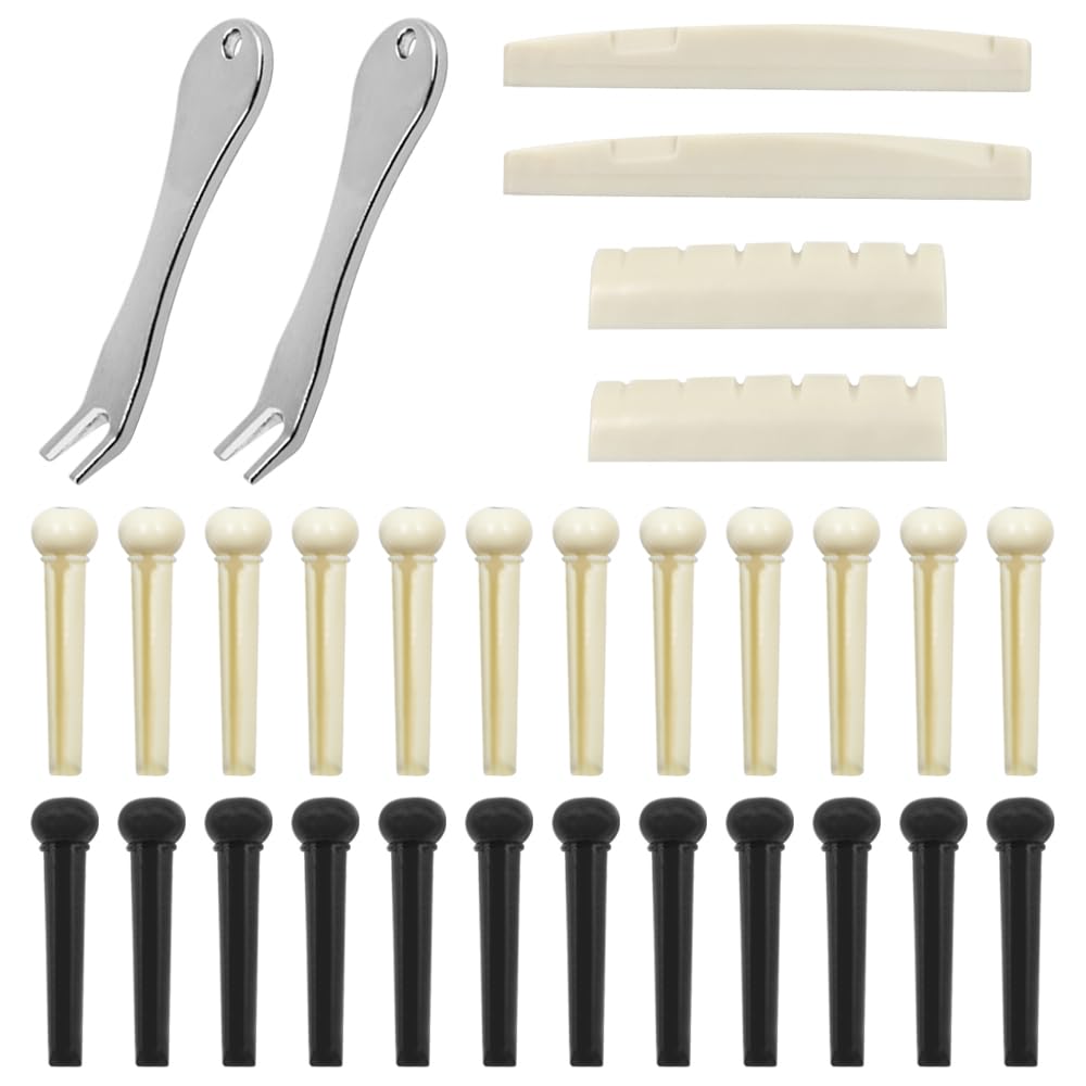 30 PCS Guitar Accessory Kit, lyfLux 24 PCS Guitar Bridge Pins, 4 PCS Guitar Saddle and Nut, 2PCS Guitar Bridge Pin Puller Remover for Guitar Pegs Replacement Parts