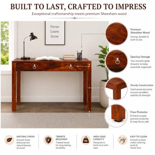 Image of RUKMAJEE Solid Sheesham Wood Study Table, Computer Table | Desk with 2 Drawers for Home,Study Room & Office| Natural Brown Finish