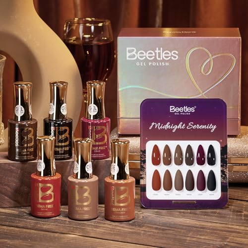 Image of Beetles Brown Gel Polish Set - Midnight Serenity HEMA-FREE Gel Polish Set, 6 Colors 15ML Full Size Mocha Brown Wine Plum Shades, Salon-Quality Long Lasting Soak Off UV LED Nail Gel with Swatch Card
