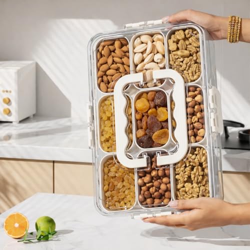 Image of DecorTwist 9 Compartment Fridge Organizer Box with Lid | Fruit & Vegetable Storage Container | BPA Free Serving Tray for Snacks, Dry Fruits, Nuts | Airtight | Food Grade Plastic (Pack of 2)
