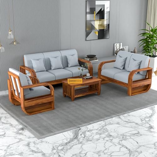 Image of Solid Sheesham Wooden 6 Seater Sofa Set Without Coffee Table with Grey Cushion for Living Room Furniture - Honey Finish (3+2+1)