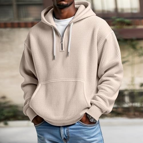Waffle Knit Long Sleeve Sweatshirt Quater Zip Hooded Drawstring Pullovers - image 3