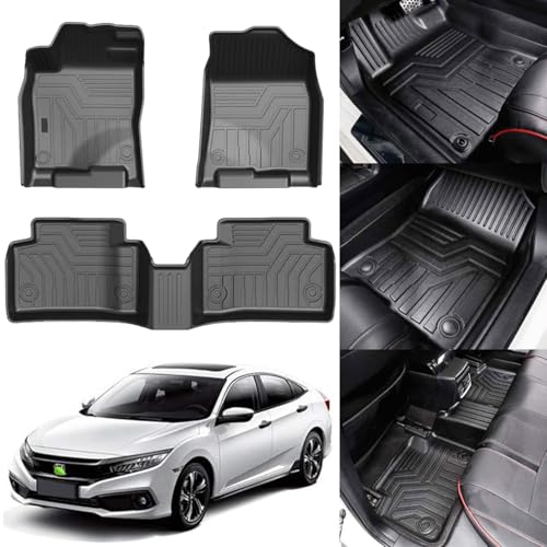 KUST Floor Mats for 2016-2021 Honda Civic Sedan/Type R/Coupe 2017-2021 Civic Hatchback All Weather Car Mats Front Rear 2 Rows Set for Civic Accessories TPE Rubber Raised Edge