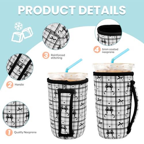 Image of KJQJLY 3 Pack Reusable Iced Coffee Sleeves for Iced Coffee Cups or Drinks Reusable Neoprene Insulated Sleeves for Hot and Cold Drinks from Starbucks, Dunkin, And More (Black Bow)