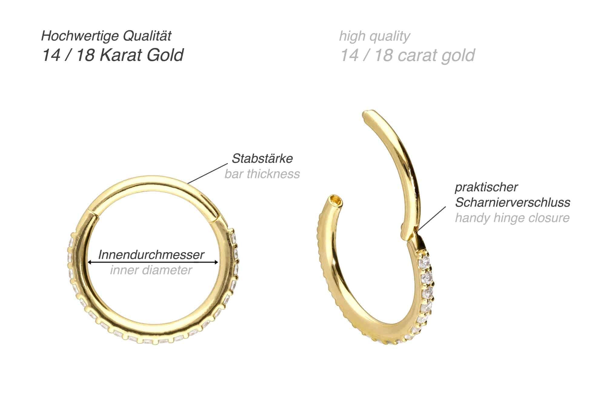PIERCINGLINE Piercing Ring 14K Gold Segmentring Clicker EINGEFASSTE MOISSANITE 585er Gold - Roségoldfarben, Goldfarben, Silberfarben