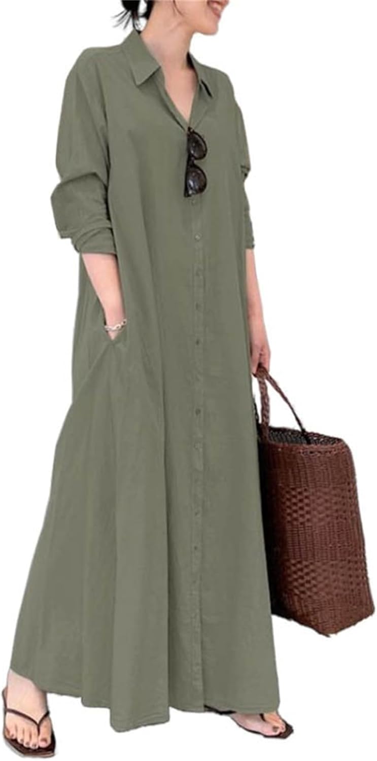 Womens Cotton Linen Button Down Shirt Dress Casual V Neck Long Sleeve Basic Loose Fit Maxi Dresses with Pockets