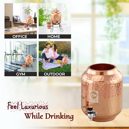 Image of Copper Master Pure Copper Water Dispenser 5 Litre Hammered (Matka /Pot) with 6 Glasses Ayurvedic Matka for Drinking Water for Home and Office Health Benefits Leakproof 5000ml (Small)