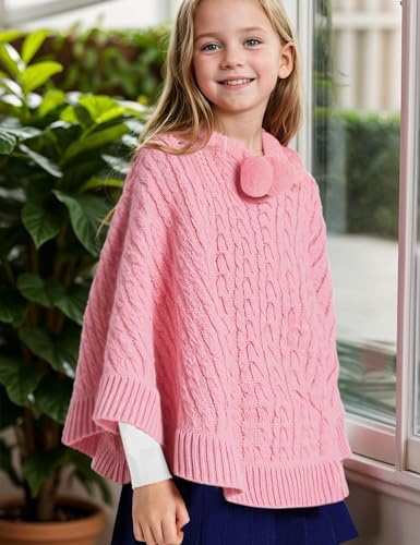 JSTEX Girls Poncho Sweater Cable Knit Cape Girl Hooded Pullover Sweater Holiday Kids Shawl Wrap for 6-124