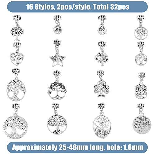 SUPERFINDINGS 32Pcs 16 Styles Tibetan European Dangle Charms Beads Alloy Tree of Life Charm Beads Antique Silver Dangle Spacer Beads Bails Connector for Jewelry Making Hole:1.6mm - Image 2