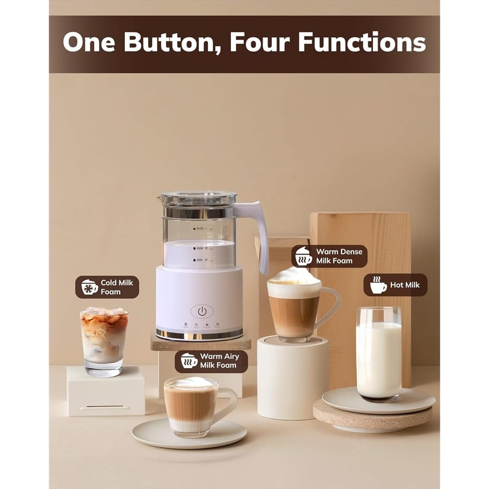 Eléctrico de Vidrio 4 en 1 Función Tapa, Capacidad de 250ml para Capuchino o 500ml de Leche Caliente, Incluye Adaptador de Corriente Europeo EU Plug Negro