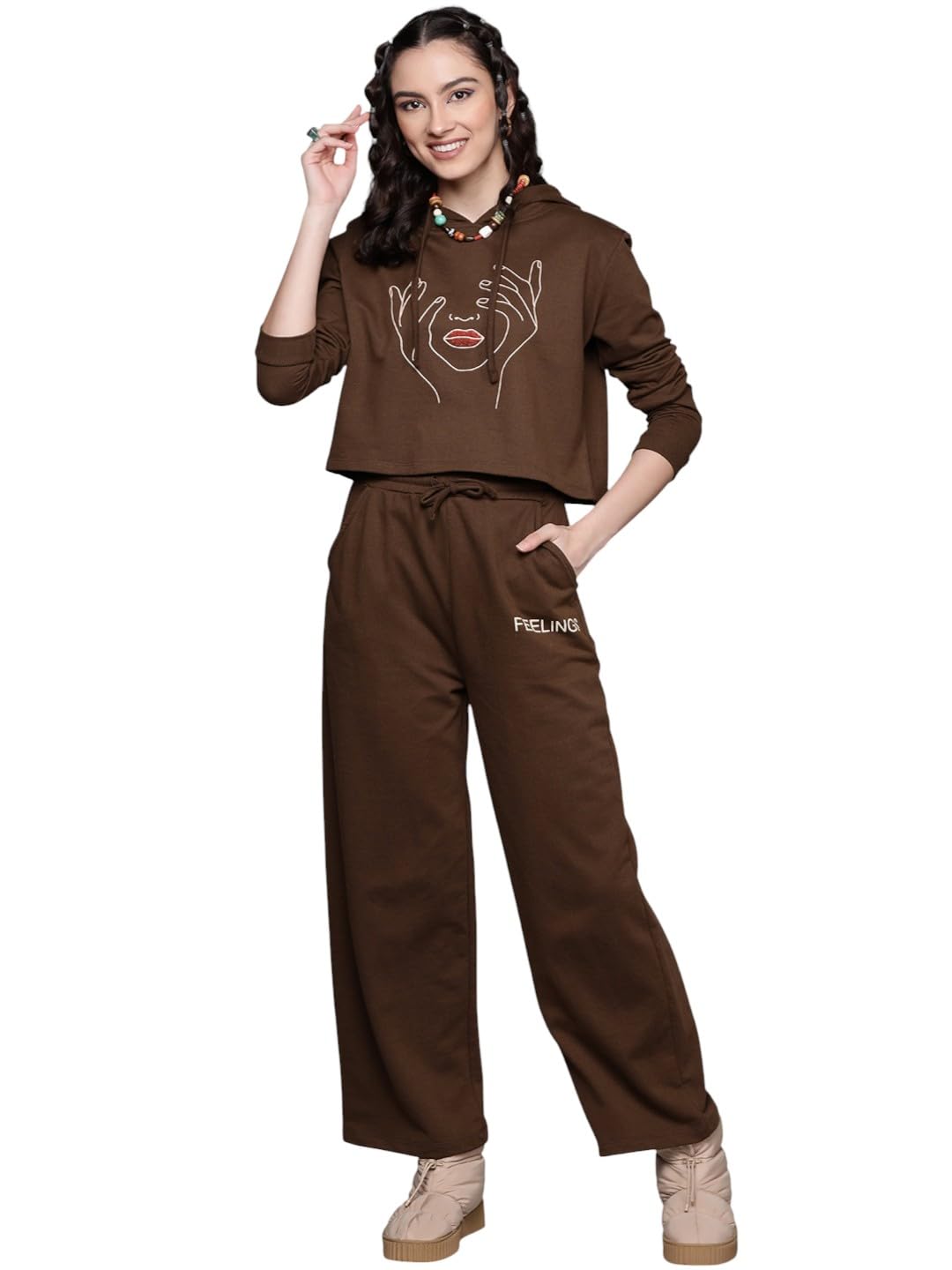 sassafras Women's Line Art Crop Hoodie with Track Pants-picture-38