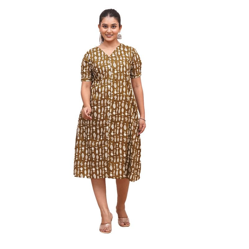Women’s A-Line Midi Dress | Pure Cotton | Relaxed Fit | Animal Print Patterned | V-Neck | Red