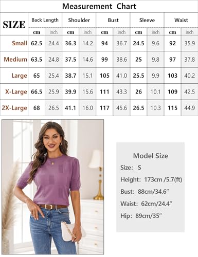 Totatuit Jerséis para Mujer Cuello Redondo Manga Corta Punto Jersey Mujer Sólido Suéter Elegante Blusa Stretchy Casual Camiseta PúRpura L