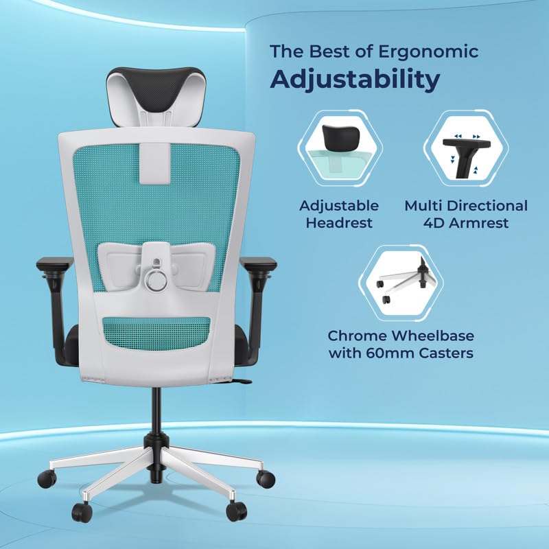 Image of The Sleep Company Stylux Premium Ergonomic Office Chair | Patented SmartGRID seat | SpinePro Lumbar Support | Work, Home, Study | Adjustable Headrest & 4D Armrests | Free Installation| Blue