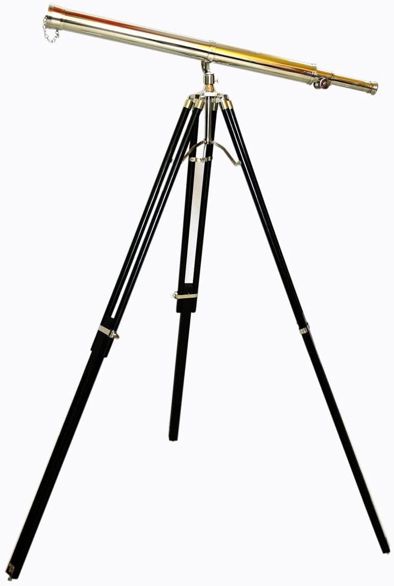 Antiqueex Noutical Styel Brass Telescope Vintage Marine Desige Chrome Single Barrel Wooden Brass Adjustable Tripod Floor Standing Nickel Finish Telescopic