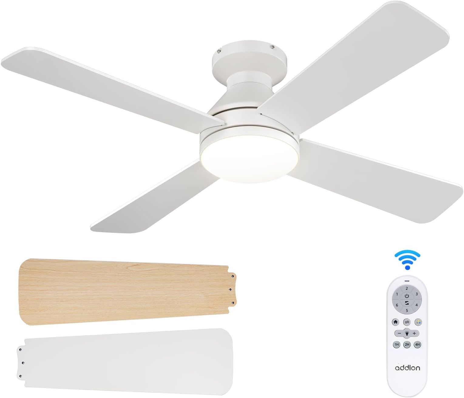 addlon Ceiling Fans with Lights, 42 Inch Low Profile Ceiling Fan with Light And Remote Control, Flush Mount, Reversible, 3CCT Dimmable 4 Blades White Small Ceiling Fan for Bedroom Indoor/Outdoor Use