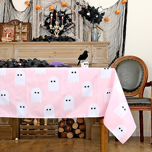 GEEORY Halloween Tablecloth 60 x 84 Inch Rectangle Spooky Ghost Decorative Table Cover Holiday Decor Indoor Outdoor Festival Decoration for Home Kitchen Dinning Dinner Picnic Party Pink