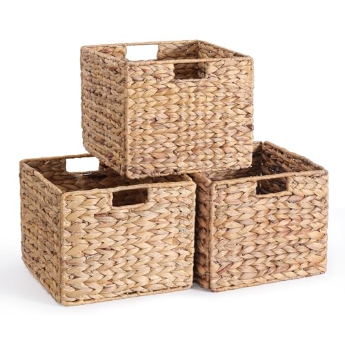12X12X10in Water Hyacinth Storage Baskets, Wicker Storage Cubes Set of
