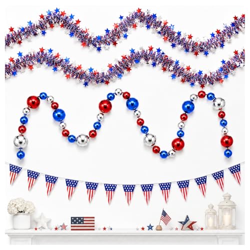Image of Patriotic Decor Set, 2 Pack 9.8FT Tinsel Garlands, 9.8FT Bead Garland & 26FT Triangle Pennant Banner with 25 Flags, 4th of July Decorations Garland, Patriotic Garland for Mantle