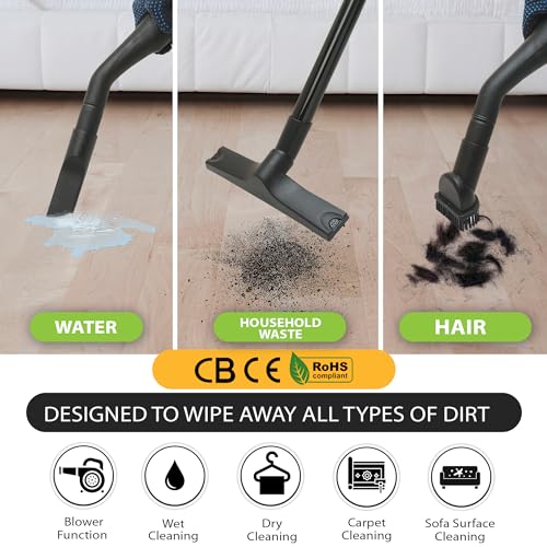 Image of Tomahawk T4446 Wet and Dry Vacuum Cleaner with Blower - 1200W, 10L Capacity, 17 Kpa Suction, 5Mtr Cord Length Portable for Cleaning, Workshop Reusable, Portable, 10 Liter, Foam, Yellow, 1 Count