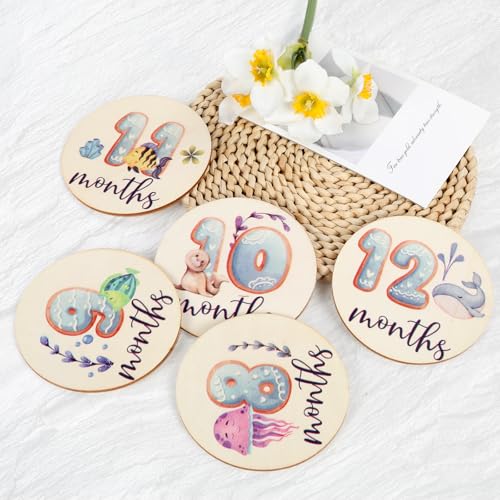 Image of Pregnancy and Baby Shower Gift, Baby Monthly Milestone Cards with Animal Print Milestone Wood Plates Includes Birth Notice Sign for Boy /Girl (SeaAnimals Print)