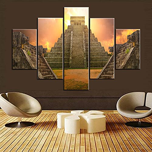 Aztec Pyramid Pictures for Living Room Pyramid of the Sun and Mexico Mesoamerican Painting Multi Panel Canvas Wall Art Mayan Temple Artwork Modern Home Decor Framed Giclee Ready to Hang(60''W x 40''H)