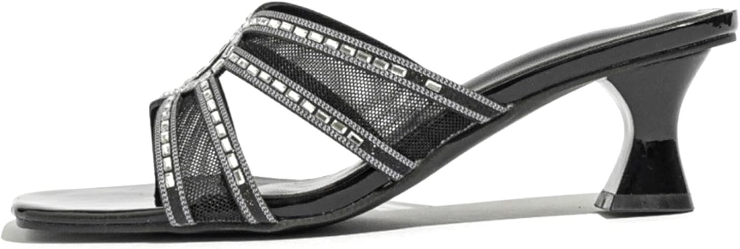 Womens Rhinestone Strappy Kitten Heeled Sandals Comfortable Slip On Square Peep Toe Sparkly Straps Low Heel Mule Sandals For Party Prom Dating Casual Daily
