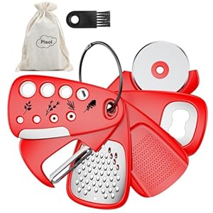 Kitchen Unique Gadgets Set 6 Pieces, Space Saving, Cheese Grater, Bottle Opener, Fruit Vegetable Peeler, Pizza Cutter, Garlic Ginger Grinder, Herb Stripper Gift Set