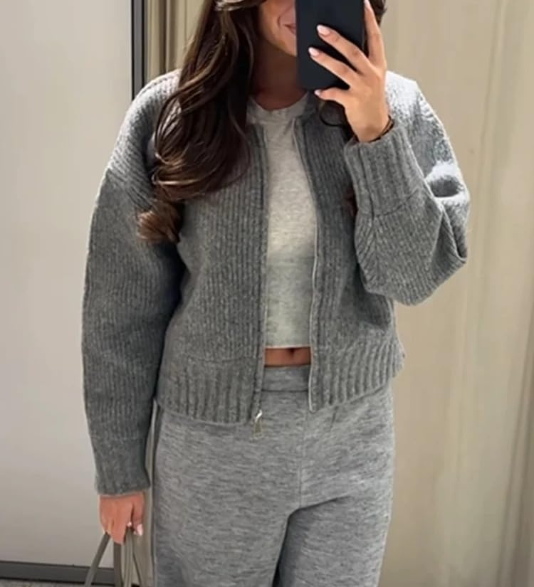 Women's Zip Up Cardigan Sweaters Crew Neck Long Sleeve Crochet Sweaters Winter Trendy Zipper Cardigan Knitwears2