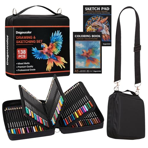DagouColor Matita Colorate Borsa di a Spalla, 136 Matite Kit Disegno, Schizzi Set con 3-colore Sketchbook, Libro Colorare, Forniture D'arte per Artisti Principianti Professionisti Disegno Media