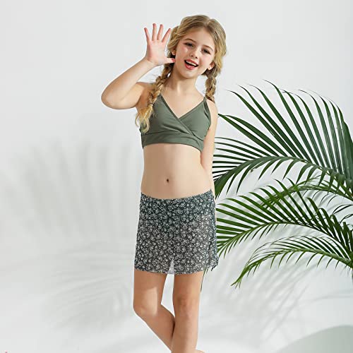 Girl 3 Piece Swimsuit Bathing Suits Cute Small Floral Bikini Set with Cover Up Swimwear Kid Girl Beach Green2