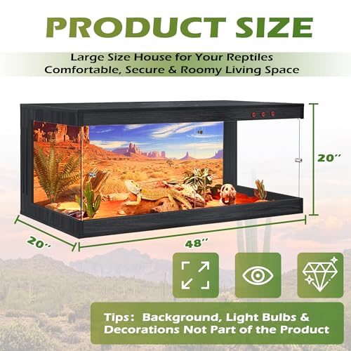 Image of ROYXEN Reptile Enclosure,82 Gallons Reptile Tank with Wooden Top and Lockable Design,Tempered Glass Bearded Dragon Tank for Lizard Gecko Habitat (Black,48 inch Length)