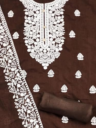 سيدهداتا فستان بدلة سلوار مطرز من القطن الثقيل غير مخيط للنساء مع وشاح دوباتا عمل شانديري (مقاس واحد)، لون بني، مقاس واحد