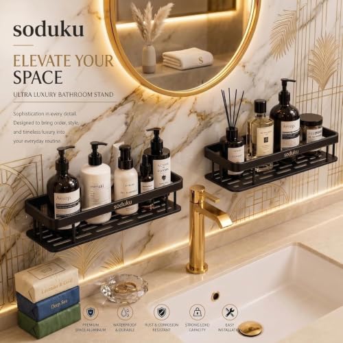 Image of Aluminium Pack of 2, Self Adhesive Bathroom Shelf for Shower Caddy Organizer Wall Mounted Bathroom Shelves Rack Holder Stand for Bathroom Accessories Organiser Without Drill