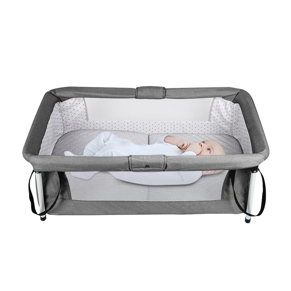 Parc pour Enfants HUOLE Lit de Voyage avec Freins Matelas Ergonomique 90x70x50cm Gris