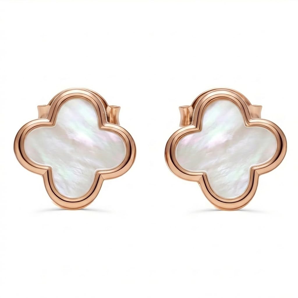 Four Leaf Clover Earrings for Women 18K Rose Gold Plated Stainless Steel Lucky 4 Leaf Ear Studs Jewelry Gift for Mother and Daughter (White & Rose Gold)