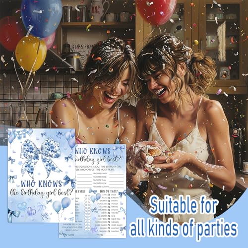 Image of Who Knows The Birthday Best - Blue Party Games Card Set - Blue Bow Themed Sleepover Slumber Party Supplies - Birthday Night Games Creative Idea - 20 Game Cards
