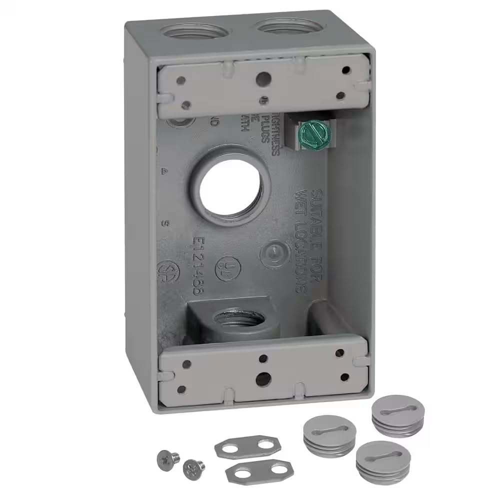 Commercial Electric 1-Gang Metal Weatherproof Electrical Outlet Box with (4) 1/2 inch Holes, Gray 12251