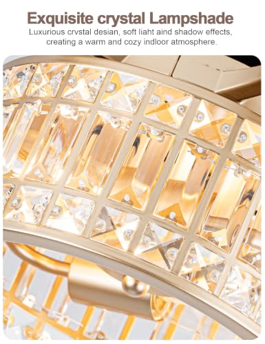 Image of 42 inch Flush Mount Low Profile Gold Crystal Chandelier Fan with Light