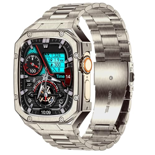 Image of BAITEYOU Stainless Steel Watch Band with Case Compatible with Apple Watch band Ultra 3 2 1 49mm, Rugged Strap with Metal Protective Bumper Cover for iWatch Bands Men (Titanium Color)