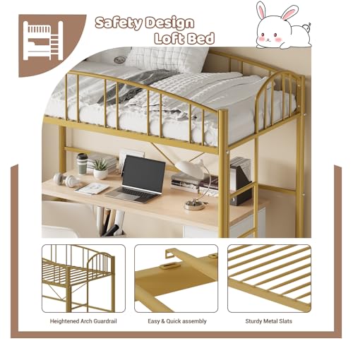 Loft Bed Twin Size with Stairs and Arched Guardrail, Sturdy Metal Slats Support, Space Saving, Noise Free, No Box Spring Needed, Ideal for Kid Room and Dorm, Gold