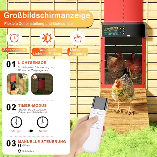 ZenxyHoC Automatische Hühnerklappe Solar mit Fernbedienung, 4 Modi Aluminum Hühnerstall Tür mit LCD Farbdisplay