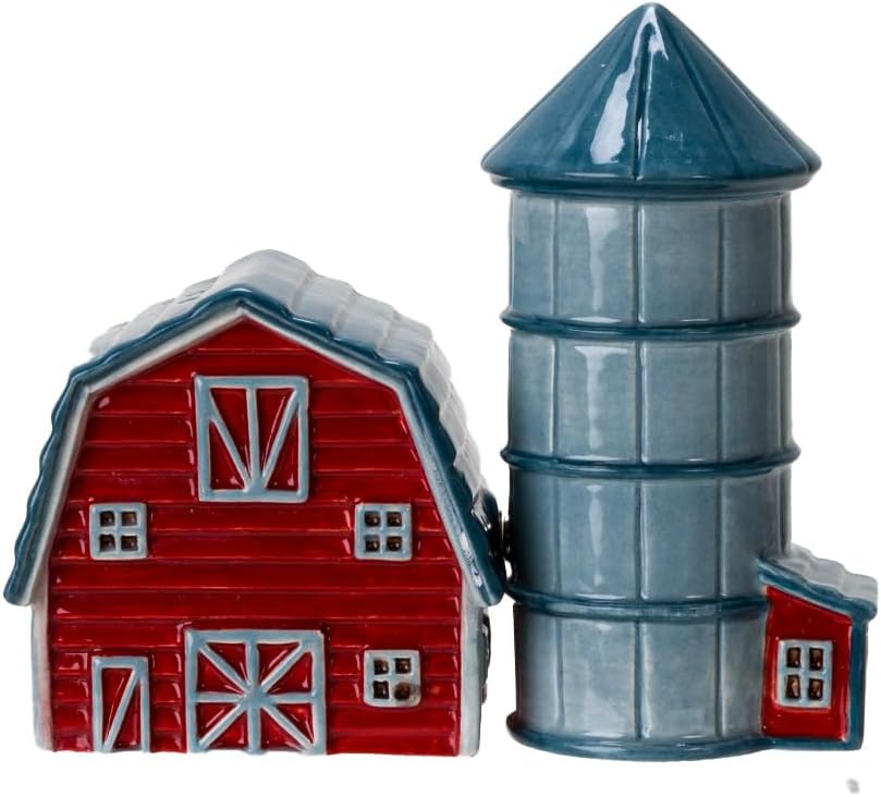 Pacific Giftware Ceramic Country Style Barn and Silo Salt and Pepper Shakers Set Farmhouse Kitchen Table Decor Rustic Red Barn Design Collectible Novelty Gift 2.2"H